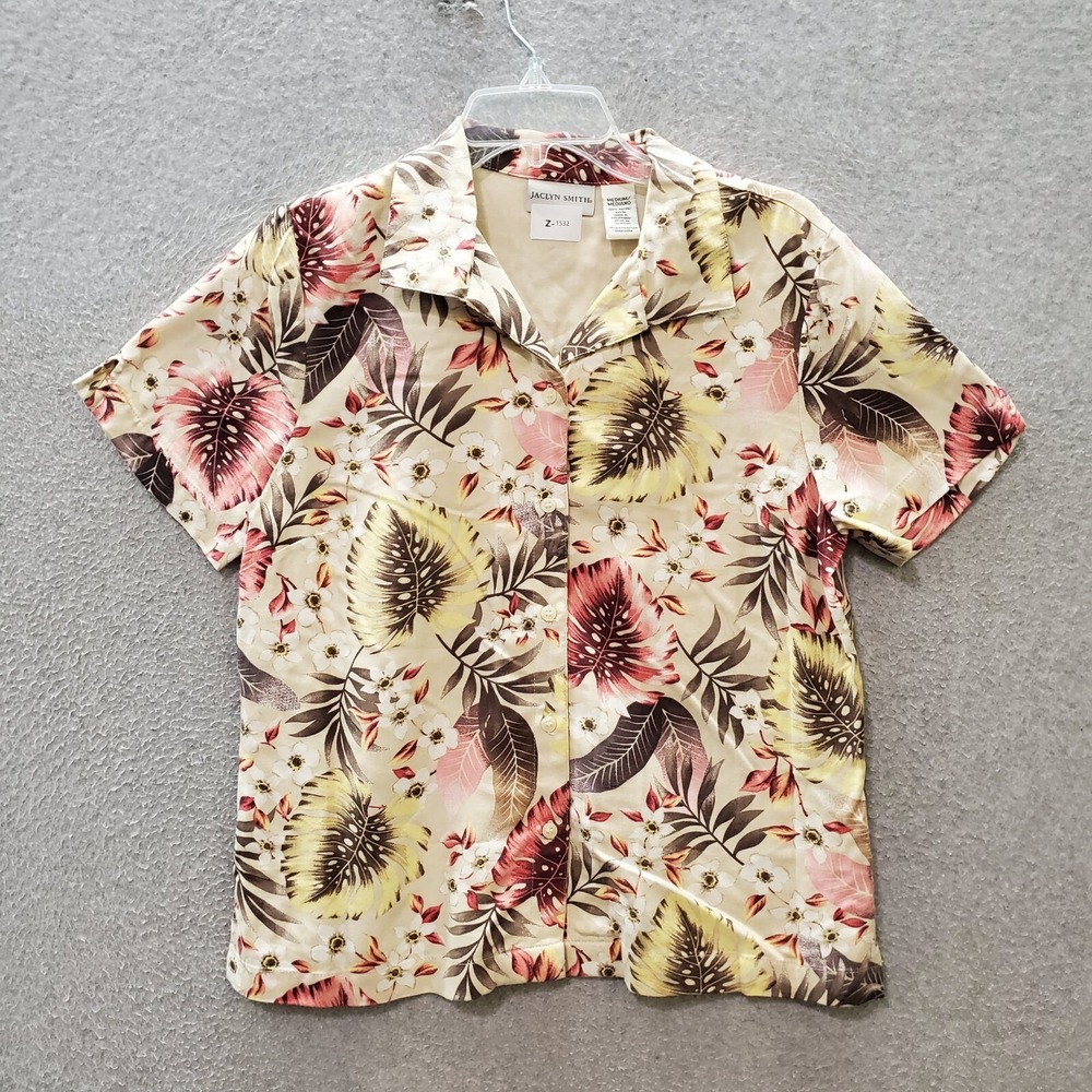 Jaclyn Smith Women Top Medium Cream Tropical Hawaiian Monstera Fern Short Sleeve